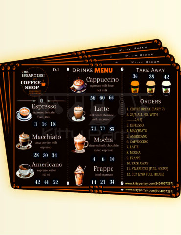 Coffee Drinks Menu Tambola Ticket